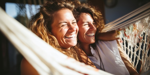 Gelukkige lesbisch koppel in een hangmat Meisjes ontspannen zich in de natuur lachen met geluk Generatieve AI