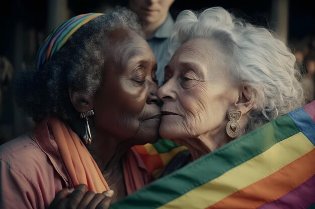 Foto gelukkige lesbische koppels kussen en houden regenboogvlaggen vast op pride event generative ai