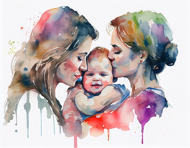 Gelukkige LGBT-kleurenfamilie twee moeders kussen babykind met liefde aquarel splash verf kunstwerk illustratie Generatieve Ai