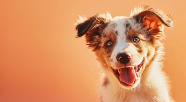 Gelukkige lichte perzik pup glimlachend schattig op een geïsoleerde perzik achtergrond Zachte en heldere tinten