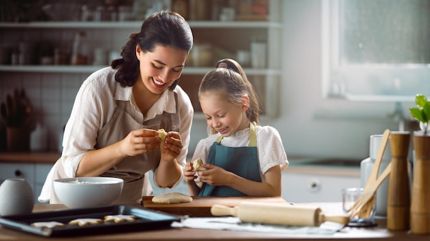 Gelukkige liefdevolle familie bereidt samen bakkerij voor Moeder en kind meisje koken koekjes