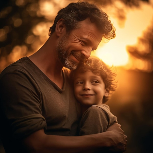 gelukkige liefdevolle familie vader en zijn zoon kind speelt en knuffelen buiten