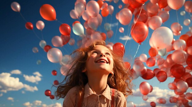 Gelukkige lieve kleine meisje met gasballonnen in de blauwe hemel met een aangenaam moment