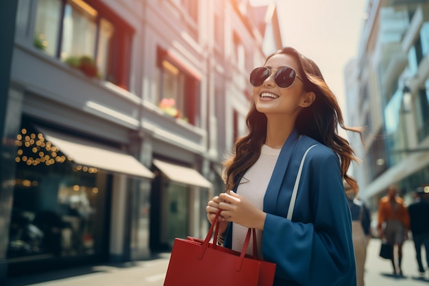 Gelukkige luxe Aziatische vrouw reizen winkelen in de stedelijke stad levendige mode hedendaagse levensstijl