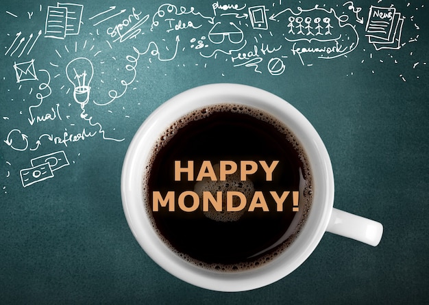 Gelukkige maandag. Lekkere koffie met happy monday in cup op achtergrond