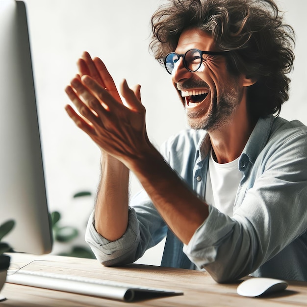 Foto gelukkige man die computer gebruikt geïsoleerd op witte achtergrond