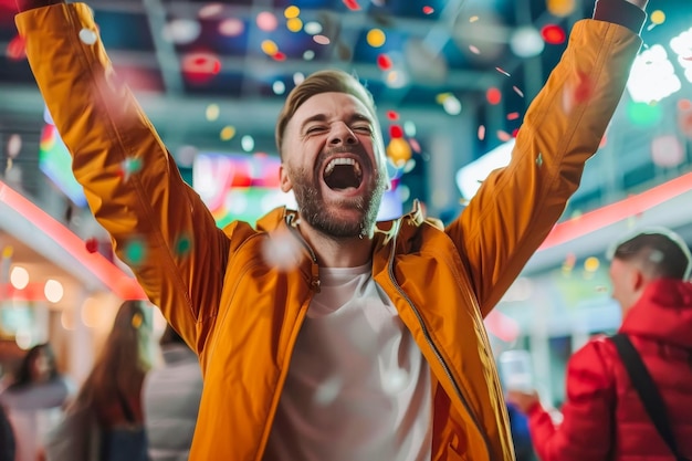 Gelukkige man die een weddenschap wint op een sportwedstrijd app