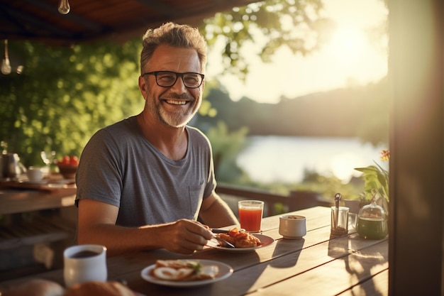 gelukkige man die thuis ontbijt eet in de keuken