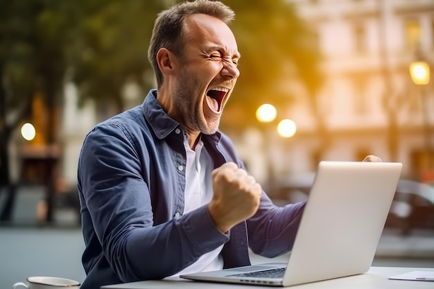 Gelukkige man die zich een winnaar voelt op laptop opgewonden gelukkige man met een winnaar gevoel die zich verheugt over een online overwinning