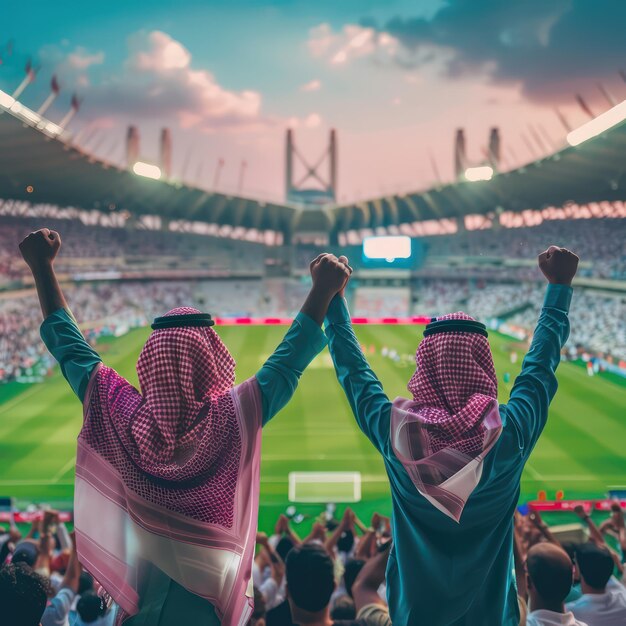 Gelukkige man die zijn handen in de lucht heft bij een voetbalwedstrijd Cricketwedstrijd