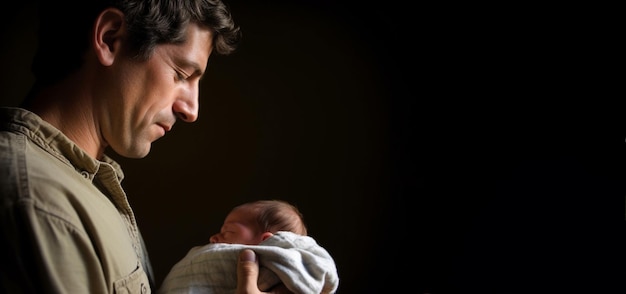 Gelukkige man die zijn schattige pasgeboren baby vasthoudt en kijkt en glimlacht Banner voor Vaderdag vakantie Ai gegenereerd