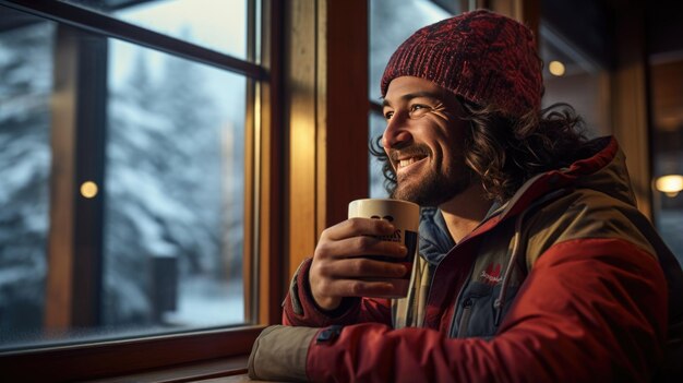 Gelukkige man drinkt een warm drankje in een ski-café op de top van een berg