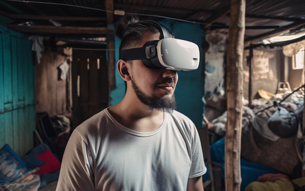 Gelukkige man in virtual reality-bril in de sloppenwijken en rotzooi ontsnappen aan het concept van het virtuele leven van de realiteit