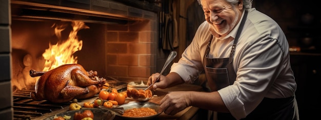 Gelukkige man kookt een kalkoen in haar keuken ter ere van een Thanksgiving-feest