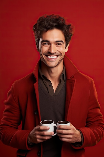 Gelukkige man met een kop koffie op een rode achtergrond