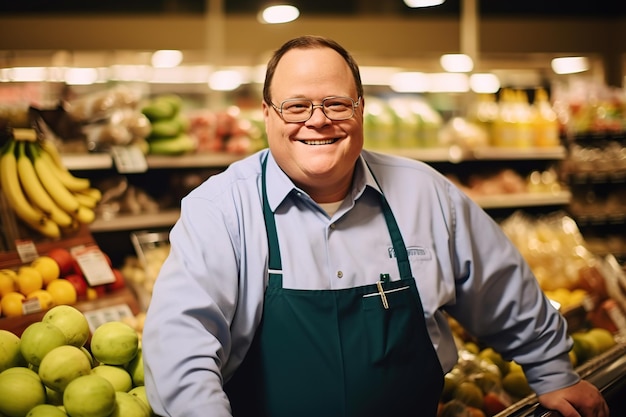 Gelukkige man met het syndroom van Down die in een supermarkt werkt AI Generated