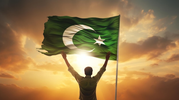 Gelukkige man met vlag van Pakistan in het zonsonderganghemelconcept vrijheid en patriottisme