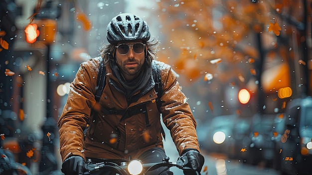 Gelukkige man op een fiets met een bril.