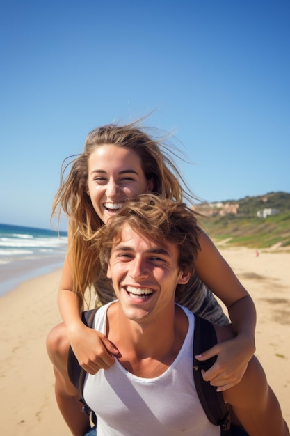 Gelukkige man rijdt op de rug van een vrouw op het strand Jonge mensen vol vreugde op vakantie Generatieve AI