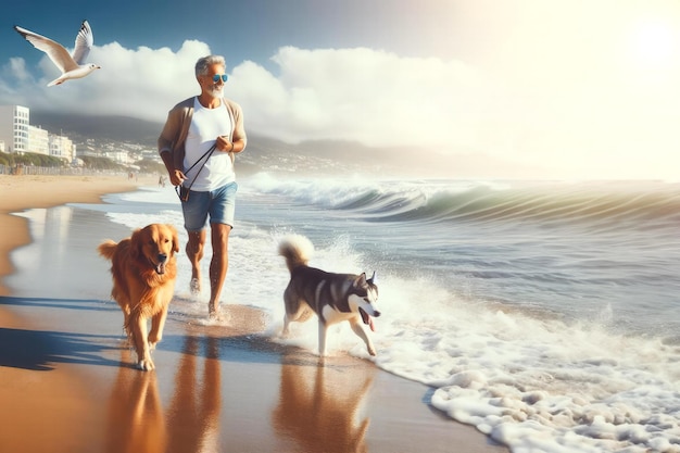 Gelukkige man van middelbare leeftijd loopt met zijn hond op het strand op een zonnige zomerdag