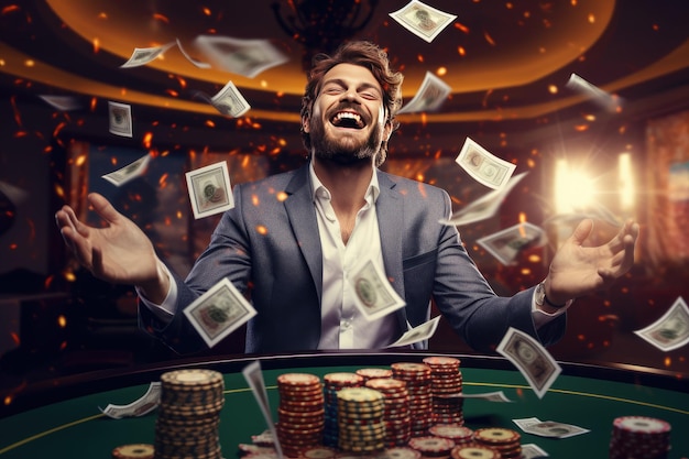 Gelukkige man wint poker in casino met geld dat om hem heen vliegt