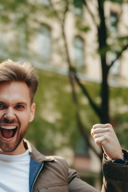 Foto gelukkige man zitten op de bank met laptop krijgen geweldig nieuws vieren succes