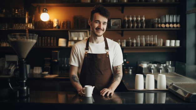 Gelukkige mannelijke barista met een schort aan de toonbank in een coffeeshop Generatieve AI AIG21