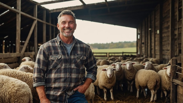 Gelukkige mannelijke boer in een geruite hemd met schapen in de schuur op de boerderij