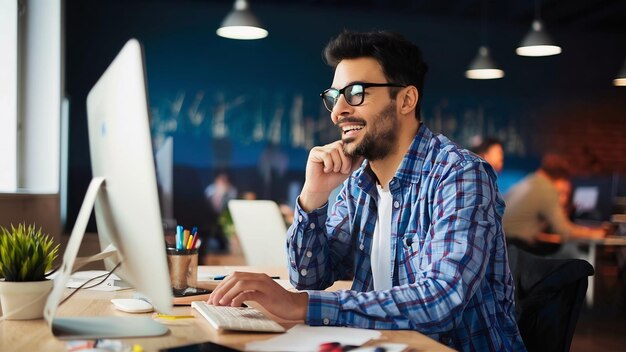 Gelukkige mannelijke ondernemer die op een computer in het kantoor werkt