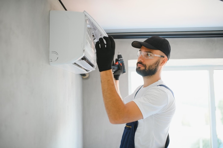 Gelukkige mannelijke technicus die airconditioner repareert