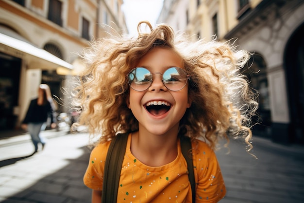 Gelukkige meisje met een bril die een selfie maakt met haar smartphone in de stad