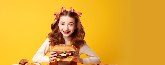 Gelukkige meisje met rugzak lunchdoos en boterham op gele achtergrond