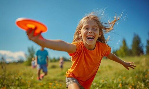 Gelukkige meisje speelt frisbee met familie in het Spring Meadow park.