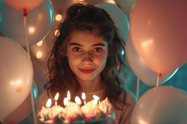 Gelukkige meisje viert haar verjaardag Taart met kaarsen rustige sfeer met ballonnen