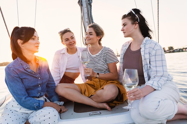 Gelukkige meisjes vrienden drinken witte wijn op de zeilboot tijdens het zeilen op zee