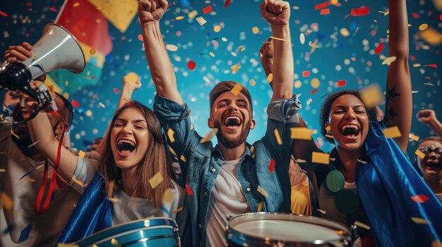 Gelukkige menigte in het stadion vieren met trofeeën confetti en muziek aig