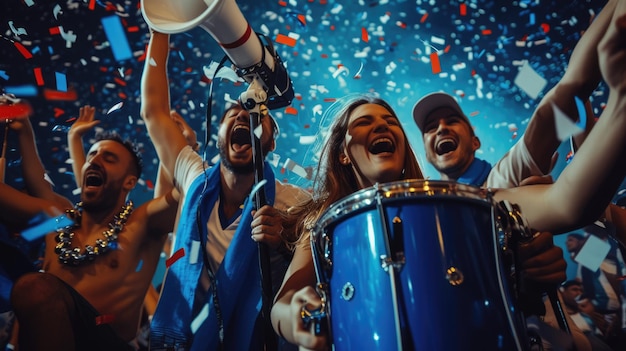 Gelukkige menigte in het stadion vieren met trofeeën confetti en muziek aig