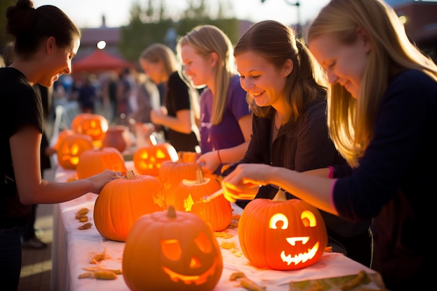 Gelukkige mensen die deelnemen aan een geweldige Halloween beeldhouwwedstrijd Generatieve AI