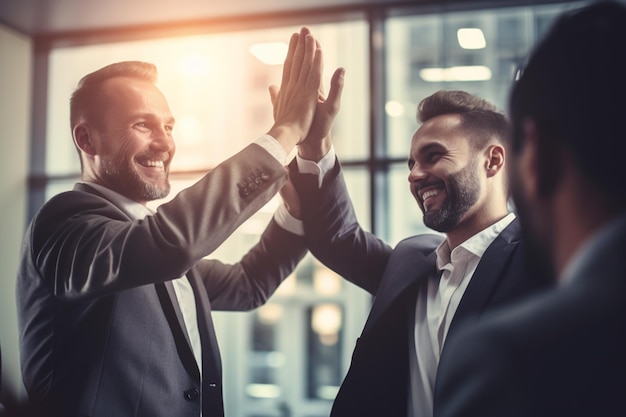 Gelukkige mensen geven elkaar een high five in een helder kantoor met Generative AI