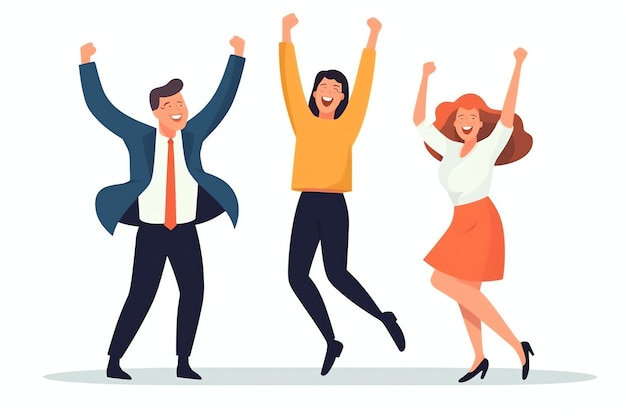 Gelukkige mensen springen en juichen om de overwinning te vieren Succesvol winnen en gelukkig in platte cartoon