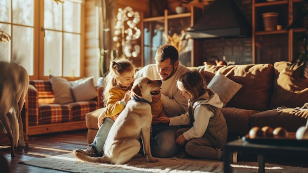 Gelukkige mensen thuis met favoriete huisdieren liefde en vriendschap pragma