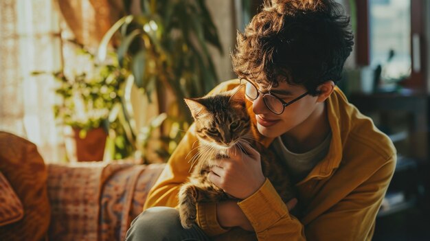 Foto gelukkige mensen thuis met favoriete huisdieren liefde en vriendschap pragma