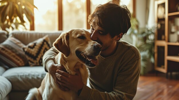 Gelukkige mensen thuis met favoriete huisdieren liefde en vriendschap pragma