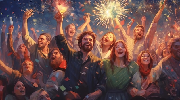 Gelukkige mensen vieren het nieuwe jaar met vuurwerk op de achtergrond Generative Ai