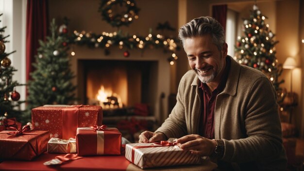 gelukkige middelbare leeftijd man uitpakken geschenk op kerstavond thuis