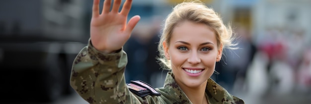 Gelukkige militaire vrouw die haar hand zwaait bij haar thuiskomst.