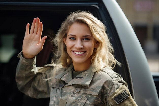 Gelukkige militaire vrouw die haar hand zwaait bij haar thuiskomst.