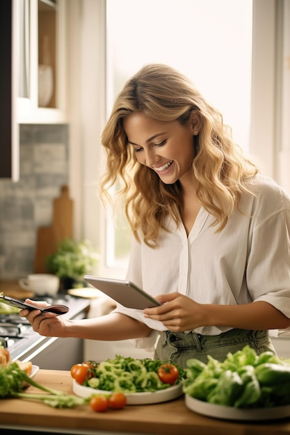 Foto gelukkige millennial jonge vrouw koken diner in huis keuken met behulp van tablet computer aan tafel met groenten schotel lezen online recept kijken naar biologische voedsel blog