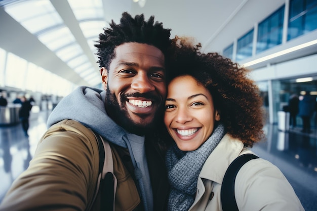Gelukkige millennial multi-etnische toeristen paar nemen selfie in de luchthaven terminal vrolijke man en