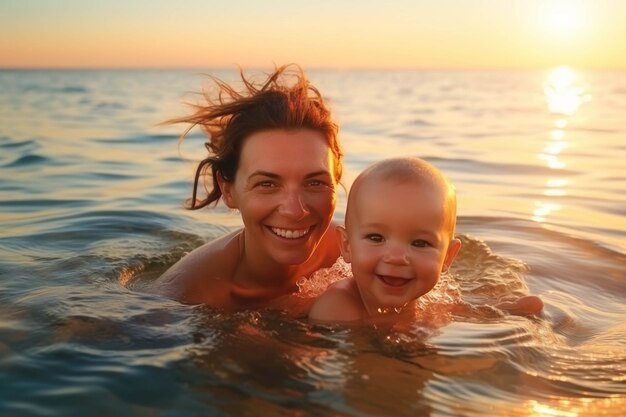 Gelukkige moeder en baby zwemmen in de zee bij zonsondergang Gelukkige familie